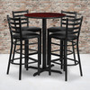 Carlton 30'' Round Mahogany Laminate Table Set with X-Base and 4 Ladder Back Metal Barstools - Black Vinyl Seat