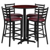 Carlton 30'' Round Mahogany Laminate Table Set with X-Base and 4 Ladder Back Metal Barstools - Burgundy Vinyl Seat