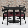 Jamie 36'' Round Black Laminate Table Set with Round Base and 4 Ladder Back Metal Chairs - Burgundy Vinyl Seat