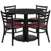 Jamie 36'' Round Black Laminate Table Set with Round Base and 4 Ladder Back Metal Chairs - Burgundy Vinyl Seat