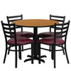 Carlton 36'' Round Natural Laminate Table Set with X-Base and 4 Ladder Back Metal Chairs - Burgundy Vinyl Seat