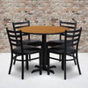 Carlton 36'' Round Natural Laminate Table Set with X-Base and 4 Ladder Back Metal Chairs - Black Vinyl Seat