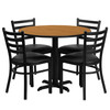 Carlton 36'' Round Natural Laminate Table Set with X-Base and 4 Ladder Back Metal Chairs - Black Vinyl Seat