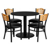 Clark 36'' Round Black Laminate Table Set with 4 Wood Slat Back Metal Chairs - Black Vinyl Seat