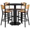 Clark 36'' Round Black Laminate Table Set with 4 Wood Slat Back Metal Barstools - Natural Wood Seat