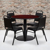 Jamie 36'' Round Mahogany Laminate Table Set with Round Base and 4 Black Trapezoidal Back Banquet Chairs