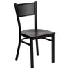 Clark 36'' Square Black Laminate Table Set with 4 Grid Back Metal Chairs - Mahogany Wood Seat
