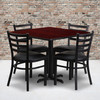 Carlton 36'' Square Mahogany Laminate Table Set with X-Base and 4 Ladder Back Metal Chairs - Black Vinyl Seat