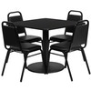 Jamie 36'' Square Black Laminate Table Set with Round Base and 4 Black Trapezoidal Back Banquet Chairs