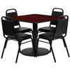 Jamie 36'' Square Mahogany Laminate Table Set with Round Base and 4 Black Trapezoidal Back Banquet Chairs