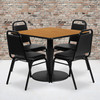 Jamie 36'' Square Natural Laminate Table Set with Round Base and 4 Black Trapezoidal Back Banquet Chairs