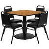 Jamie 36'' Square Natural Laminate Table Set with Round Base and 4 Black Trapezoidal Back Banquet Chairs