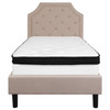 Brighton Twin Size Tufted Upholstered Platform Bed in Beige Fabric with Memory Foam Mattress