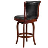 Ellison 30'' High Cherry Wood Barstool with Button Tufted Back and Black LeatherSoft Swivel Seat