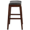 Alphus 30'' High Backless Cappuccino Wood Barstool with Black LeatherSoft Saddle Seat