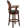 Victor 30'' High Expresso Wood Barstool with Arms, Woven Rattan Back and Black LeatherSoft Swivel Seat