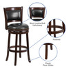 Mark 29'' High Cappuccino Wood Barstool with Panel Back and Black LeatherSoft Swivel Seat