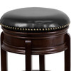 Carol 24'' High Backless Cappuccino Wood Counter Height Stool with Carved Apron and Black LeatherSoft Swivel Seat