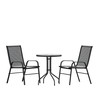 Brazos 3 Piece Outdoor Patio Dining Set - 23.75" Round Tempered Glass Patio Table, 2 Black Flex Comfort Stack Chairs