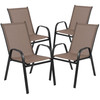 Brazos 5 Piece Outdoor Patio Dining Set - 31.5" Round Tempered Glass Patio Table, 4 Brown Flex Comfort Stack Chairs