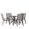 Brazos 5 Piece Outdoor Patio Dining Set - 31.5" Round Tempered Glass Patio Table, 4 Brown Flex Comfort Stack Chairs