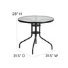 Lila 31.5'' Round Glass Metal Table with 4 Black Metal Aluminum Slat Stack Chairs