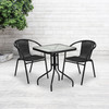 Lila 23.5'' Square Glass Metal Table with 2 Black Rattan Stack Chairs