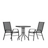 Brazos 3 Piece Outdoor Patio Dining Set - 23.5" Square Tempered Glass Patio Table, 2 Black Flex Comfort Stack Chairs