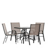 Brazos 5 Piece Outdoor Patio Dining Set - 31.5" Square Tempered Glass Patio Table, 4 Brown Flex Comfort Stack Chairs