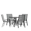 Brazos 5 Piece Outdoor Patio Dining Set - 31.5" Square Tempered Glass Patio Table, 4 Gray Flex Comfort Stack Chairs