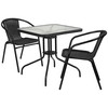 Lila 28'' Square Glass Metal Table with Black Rattan Edging and 2 Black Rattan Stack Chairs