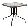 Lila 28'' Square Glass Metal Table with Dark Brown Rattan Edging and 2 Dark Brown Rattan Stack Chairs