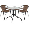 Lila 28'' Square Glass Metal Table with Dark Brown Rattan Edging and 2 Dark Brown Rattan Stack Chairs