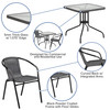 Lila 28'' Square Glass Metal Table with Gray Rattan Edging and 2 Gray Rattan Stack Chairs