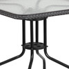 Lila 28'' Square Glass Metal Table with Gray Rattan Edging and 2 Gray Rattan Stack Chairs