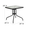 Lila 28'' Square Glass Metal Table with Black Rattan Edging and 4 Black Rattan Stack Chairs