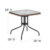 Lila 28'' Square Glass Metal Table with Dark Brown Rattan Edging and 4 Dark Brown Rattan Stack Chairs