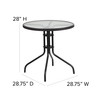 Lila 28'' Round Glass Metal Table with Black Rattan Edging and 2 Black Rattan Stack Chairs