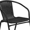 Lila 28'' Round Glass Metal Table with Black Rattan Edging and 2 Black Rattan Stack Chairs