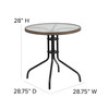 Lila 28'' Round Glass Metal Table with Dark Brown Rattan Edging and 2 Dark Brown Rattan Stack Chairs