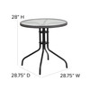 Lila 28'' Round Glass Metal Table with Gray Rattan Edging and 2 Gray Rattan Stack Chairs