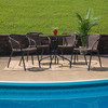 Lila 28'' Round Glass Metal Table with Dark Brown Rattan Edging and 4 Dark Brown Rattan Stack Chairs
