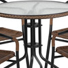 Lila 28'' Round Glass Metal Table with Dark Brown Rattan Edging and 4 Dark Brown Rattan Stack Chairs