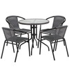 Lila 28'' Round Glass Metal Table with Gray Rattan Edging and 4 Gray Rattan Stack Chairs