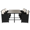 Peregrine 7 Piece Outdoor Patio Dining Set, Space Saving Black Wicker Modular Chairs-Cream Cushions & Gray Acacia Wood Table Top