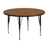 Wren 48'' Round Oak Thermal Laminate Activity Table - Height Adjustable Short Legs