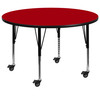 Wren Mobile 60'' Round Red Thermal Laminate Activity Table - Height Adjustable Short Legs