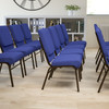 HERCULES Series 18.5''W Church Chair in Navy Blue Fabric with Book Rack - Gold Vein Frame