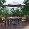 Lark 7 Piece Outdoor Patio Dining Table Set with 4 Synthetic Teak Stackable Chairs, 30" x 48" Table, Gray Umbrella & Base