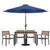 Lark 7 Piece Outdoor Patio Dining Table Set with 4 Synthetic Teak Stackable Chairs, 30" x 48" Table, Navy Umbrella & Base